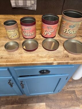 Set of 4 Kitchen Metal vintage looking canisters - Flour, Sugar, coffee and tea